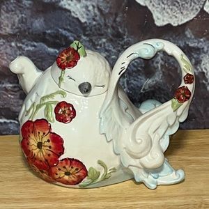 Blue Sky Heather Goldminc Red Flower Bird White Floral Teapot